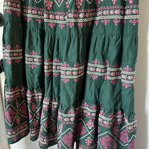 Especia Embroidered Tiered Ruffle Pull On Maxi Skirt Boho green pink large - Picture 3 of 7